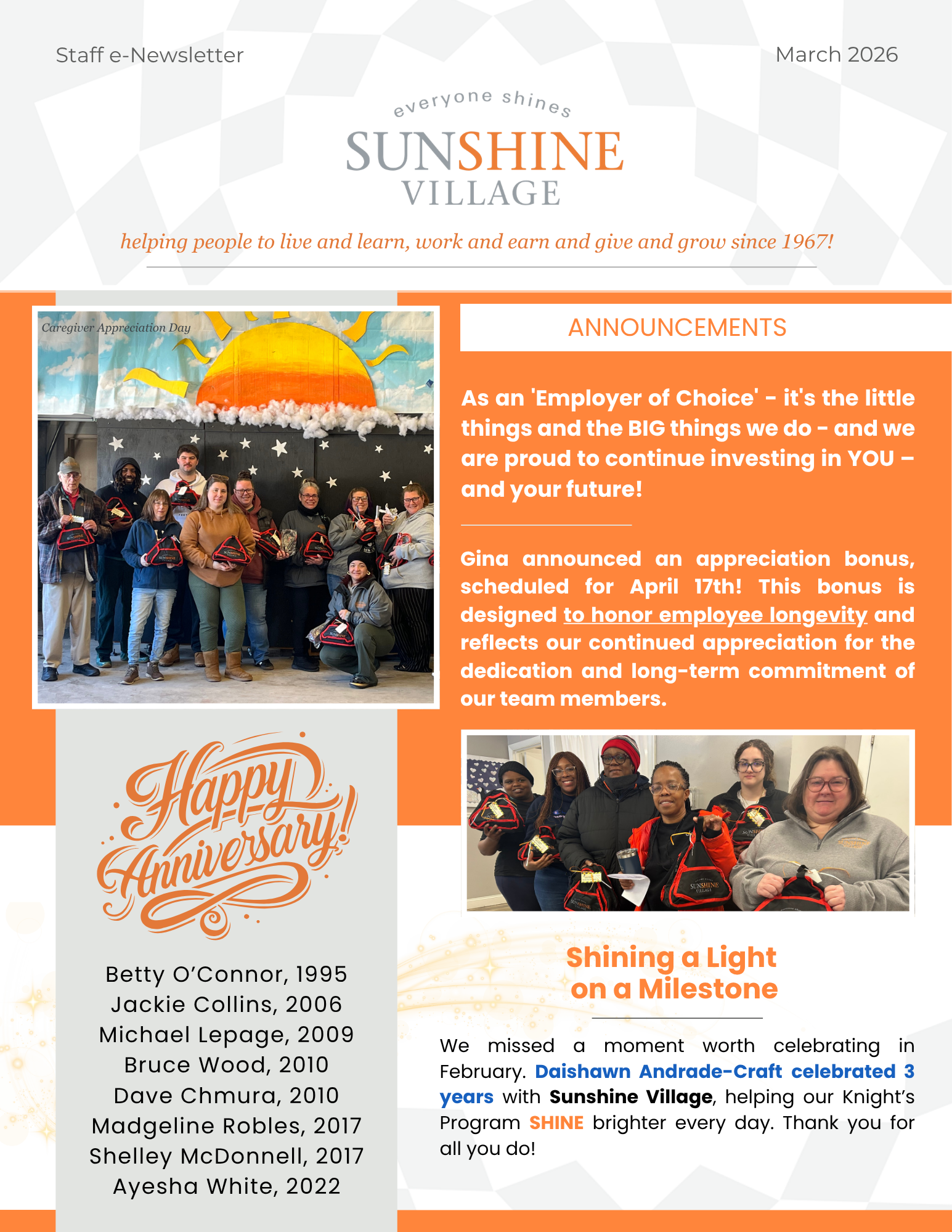 Sunshine Village's March 2026 Employee Newsletter